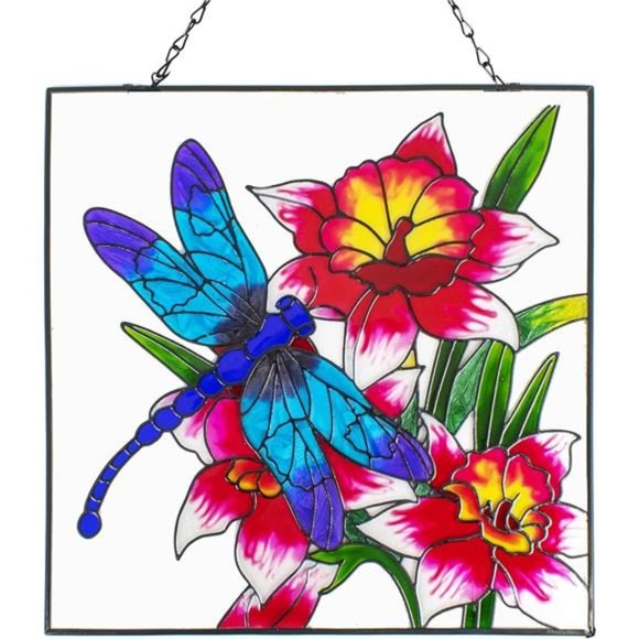 Stain Glass Window Hanging, Dragonfly Suncatcher Panel with Metal Chain - Picture 1 of 6